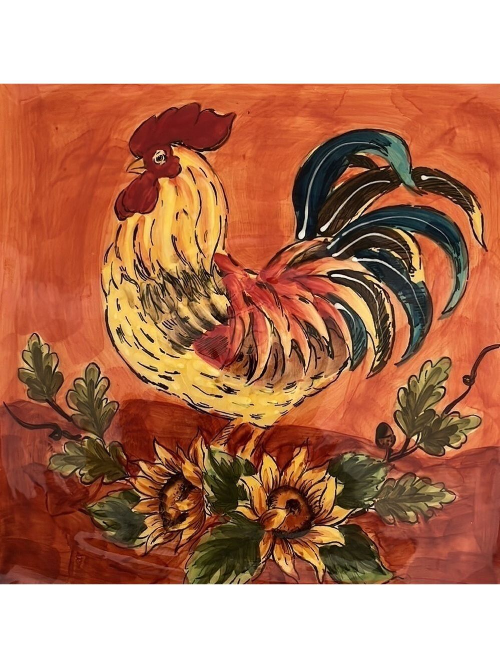 MAXCERA CORP Orange Rooster Square Plate Sunflowers Floral Edge Pattern Farmcore - Picture 5 of 8